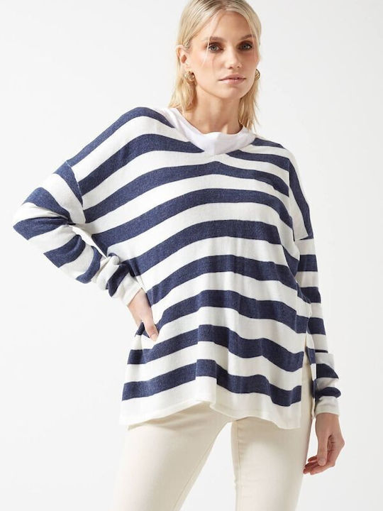 Only Women's Blouse Long Sleeve with V Neckline Striped Multicolour