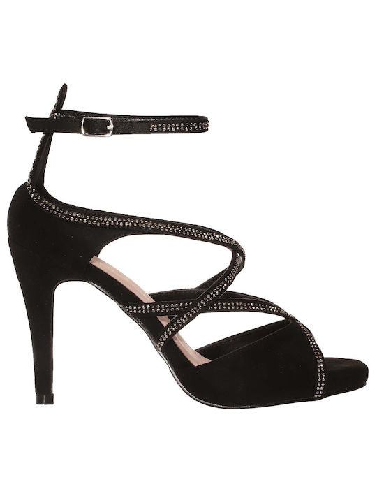 Azarey Platform Leather Women's Sandals with Strass Black with Thin High Heel