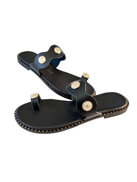 Gkavogiannis Sandals Leather Women's Flat Sandals in Black Color