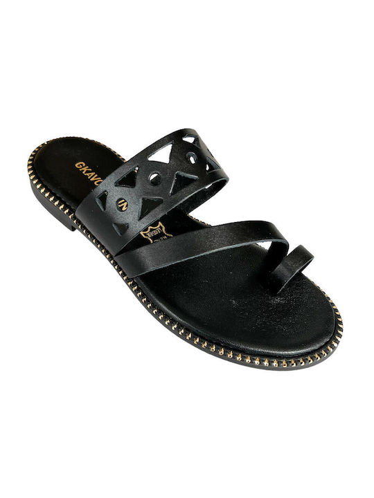 Gkavogiannis Sandals Leder Damen Flache Sandalen in Schwarz Farbe