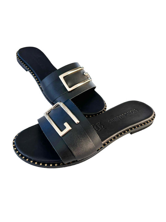 Gkavogiannis Sandals Leder Damen Flache Sandalen in Schwarz Farbe