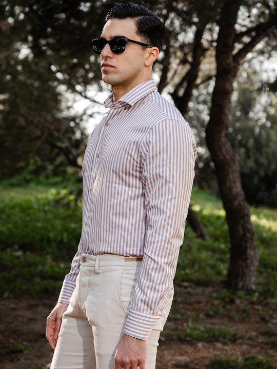 Long-sleeved Cotton Shirt Striped Beige