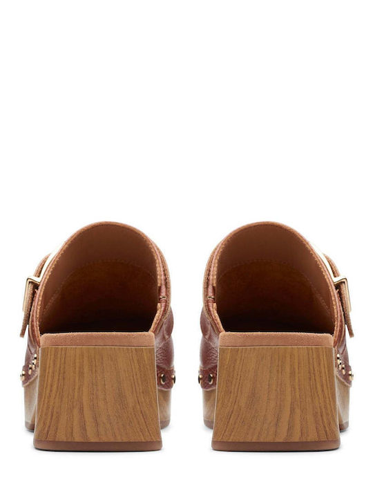 Clarks Chunky Heel Leather Mules Tabac Brown