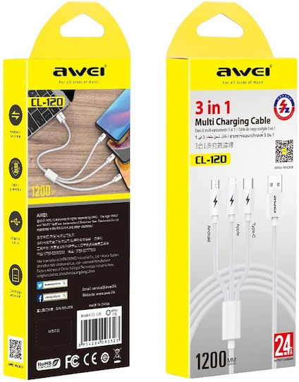 Awei Regular USB to Lightning / Type-C / micro USB Cable 1.8A Λευκό 1.2m 888155