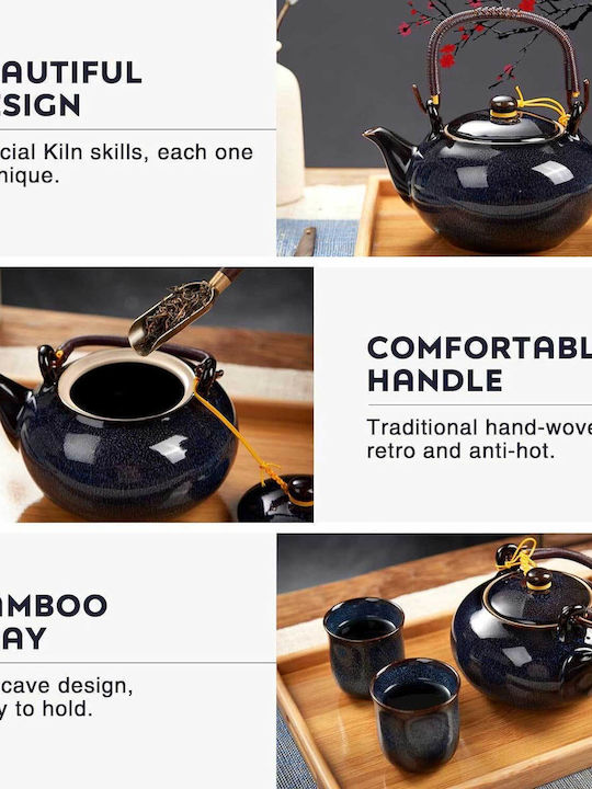 Dujust Tea Set with Cup Porcelain Blue 700ml 8pcs