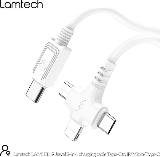 Lamtech Редовна USB към Lightning / Type-C / micro USB Кабел 2Спецификация Бял 3м (LAM113119)