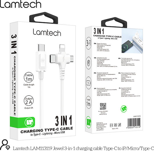 Lamtech Редовна USB към Lightning / Type-C / micro USB Кабел 2Спецификация Бял 3м (LAM113119)