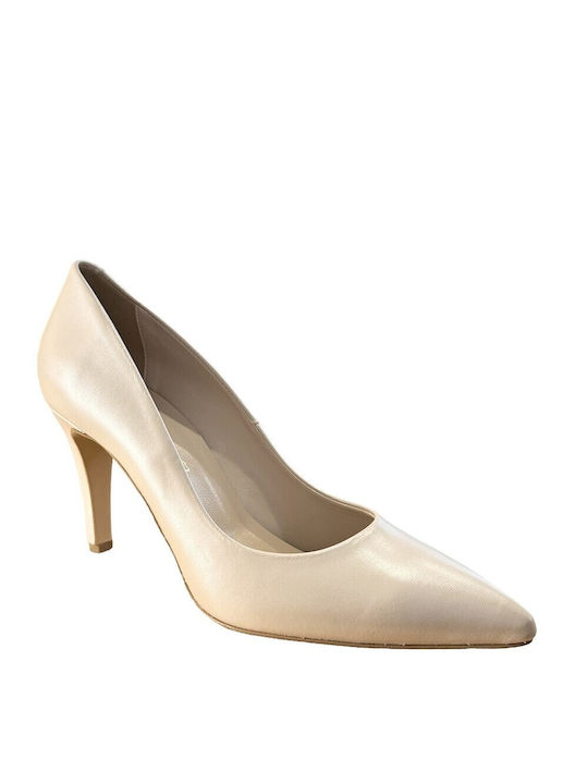 FM Leather Pointed Toe Stiletto Beige High Heels