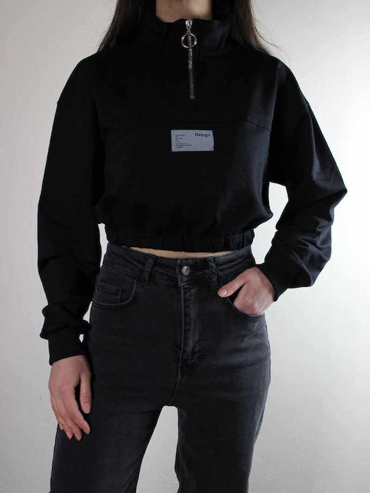 Women's Blouse Cotton Long Sleeve with Zipper Black