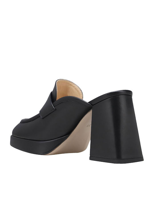 Leather Mules with Chunky High Heel in Black Color