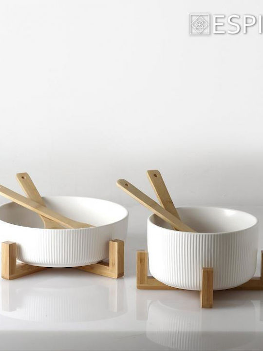 Espiel Ceramic Salad Bowl with Salad Spoons White 26.7x26.7x9.8cm
