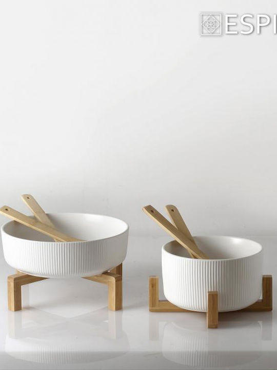 Espiel Ceramic Salad Bowl with Salad Spoons White 26.7x26.7x9.8cm