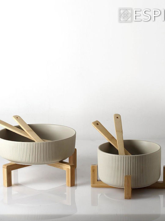 Espiel Ceramic Salad Bowl with Salad Spoons Beige 26.7x26.7x9.8cm