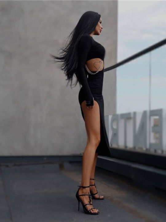 Midi Evening Dress with Tearing Black