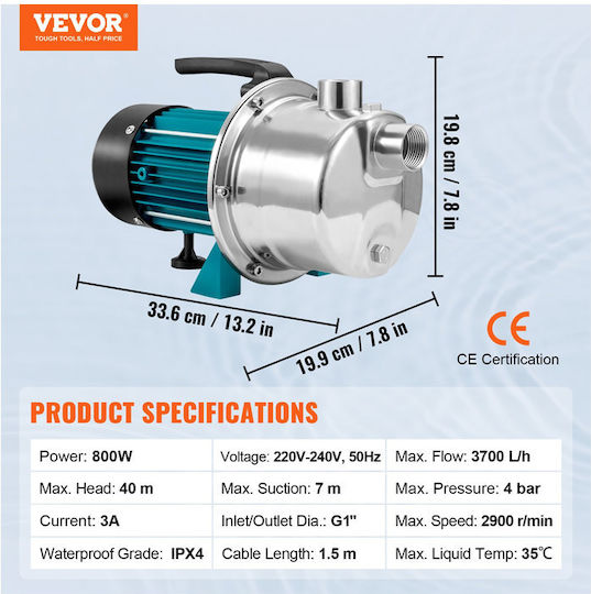 Vevor Ηλεκτρική Αντλία Επιφάνειας 800W