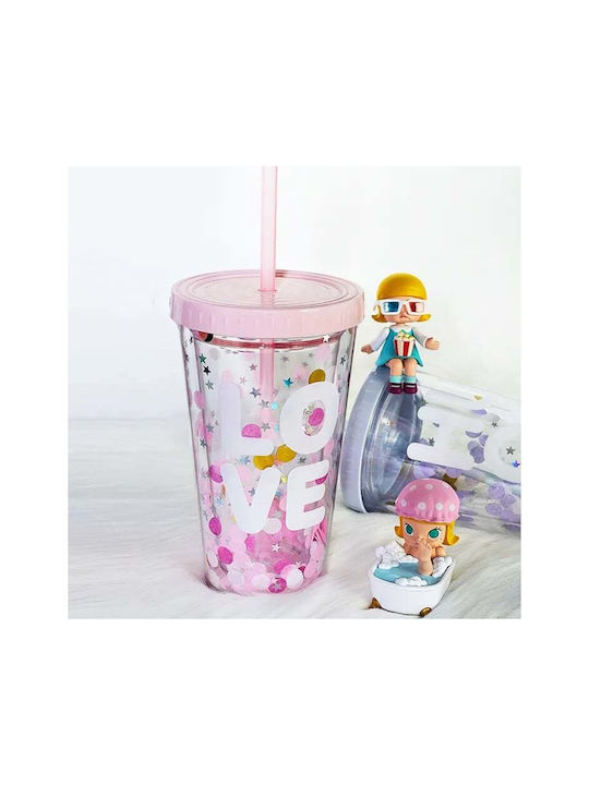 Glass Water made of Plastic in Pink Color with straw 450ml 1pcs