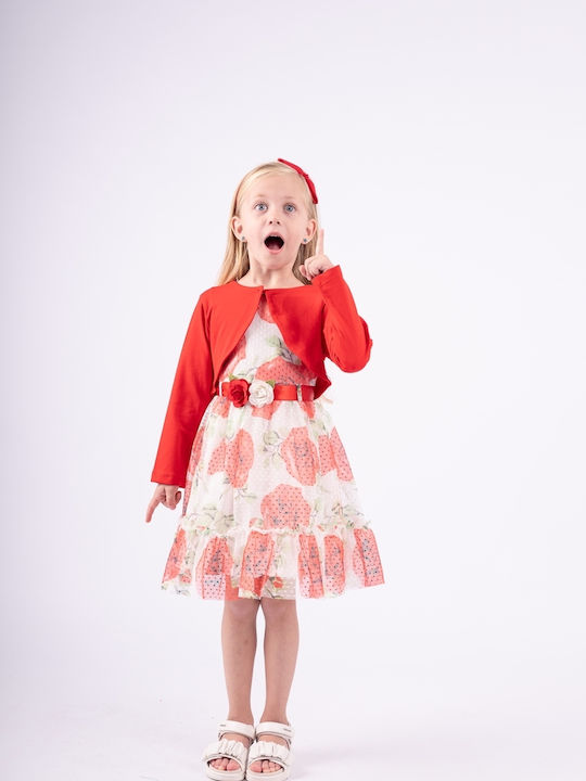 Girls Sleeveless Tulle Floral Dress Set with Coat and Accessories Red