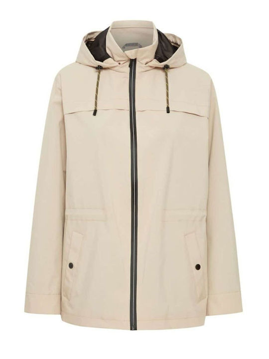 Women's Long Puffer Jacket for Spring or Autumn with Hood Beige
