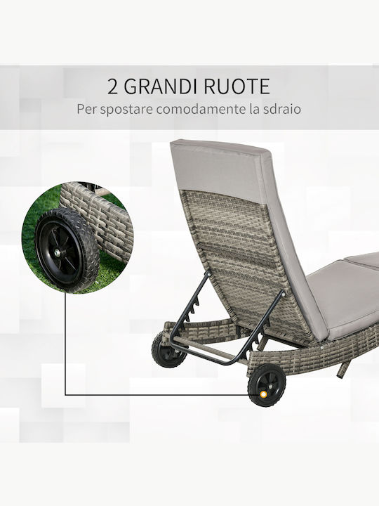 Ξαπλώστρα Rattan με Μαξιλάρι & Ρόδες Γκρι 207x70x70εκ.