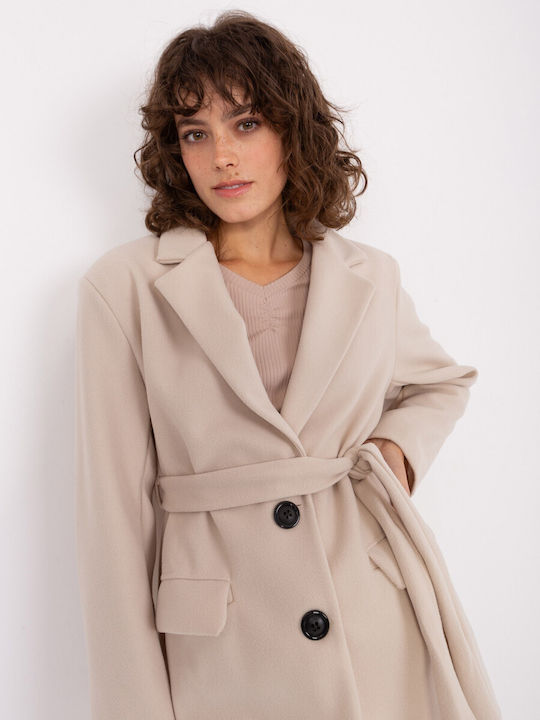 Och Bella Women's Midi Coat with Buttons Beige