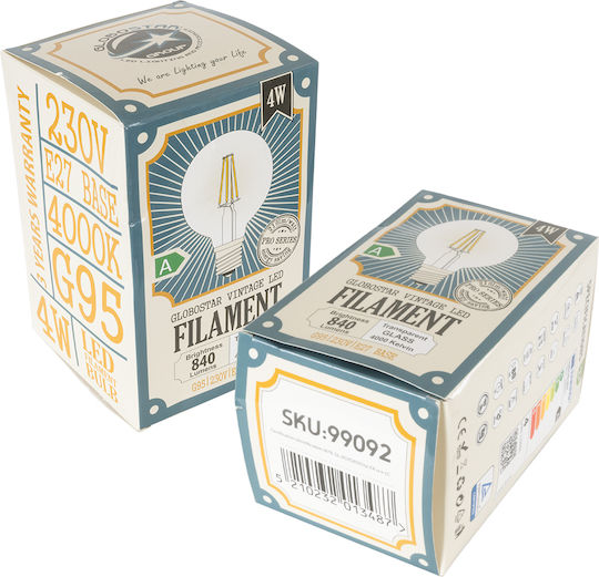 GloboStar LED Bulb 4W 138mm For E27 Socket And G95 Shape Natural White 840lm