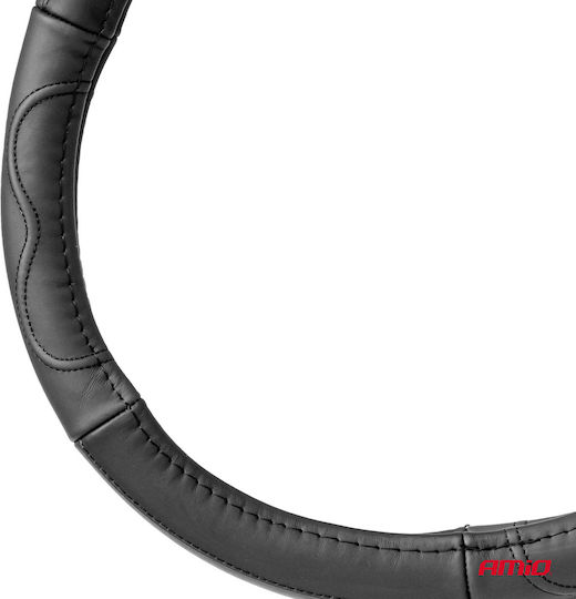 AMiO Car Steering Wheel Cover with Diameter 35-37cm made of Leatherette Black with Black Stitching