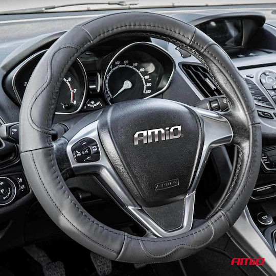 AMiO Car Steering Wheel Cover with Diameter 35-37cm made of Leatherette Black with Black Stitching