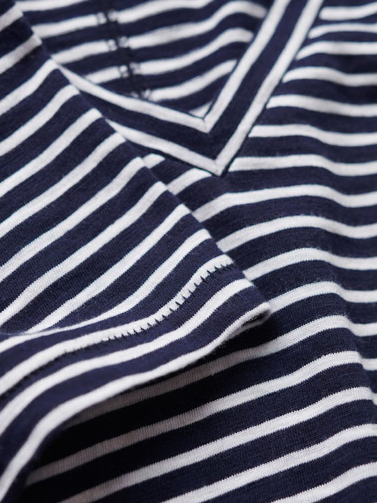 Studios Slub Emb Vee Damen Bluse Baumwolle Kurzärmelig mit V-Ausschnitt Gestreift Navy