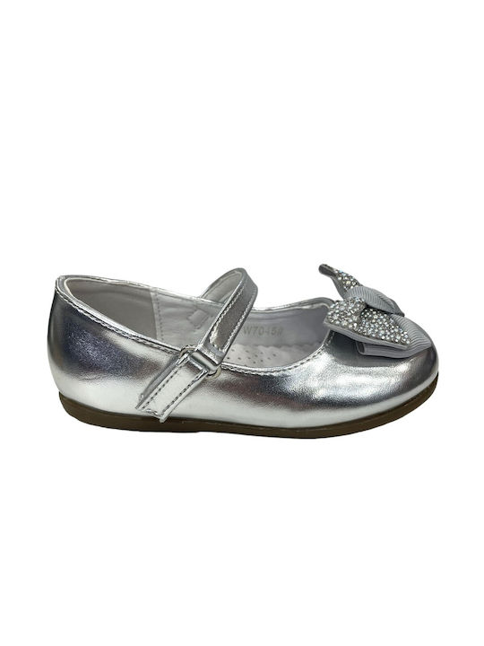 Bacio & Bacio Kids Leather Ballerinas with Hoop & Loop Closure Silver