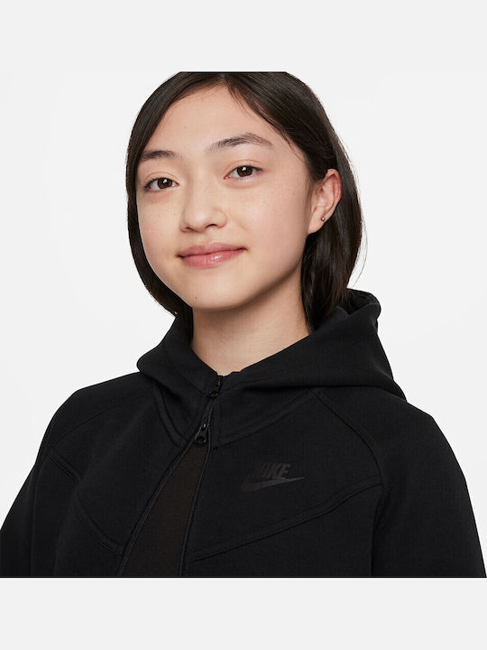 Fleece Kids Sweatshirt Cardigan with Hood and Pockets Black Sportswear Tech