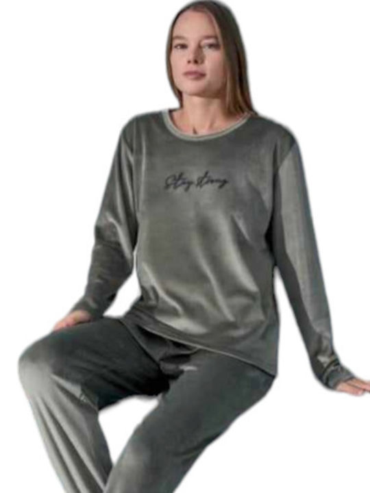 Mihra Winter Women's Pyjama Set Velvet Olive Oil Color