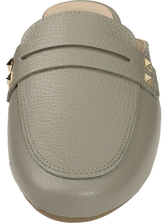 Leather Mules with Chunky High Heel in Gray Color