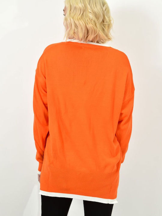 Potre Women's Long Sleeve Sweater with V Neckline Orange
