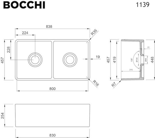Bocchi 1139 1139-300 Gefäß Spüle Porzellan B84xT46cm Weiß