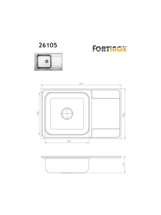 Fortinox Valley Ένθετος Νεροχύτης Inox Σατινέ Μ79xΠ50cm Ασημί
