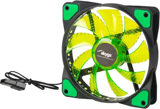 Akyga AW-12E-BG Case Fan 120mm Max Fan Speed 1100rpm with Green LED and Connection 3-Pin / 4-Pin Molex Green