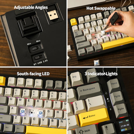 Ajazz AK820 Pro Hot-Swap Ασύρματο Gaming Μηχανικό Πληκτρολόγιο 75% με Flying Fish διακόπτες και RGB φωτισμό (Αγγλικό US) Γκρι