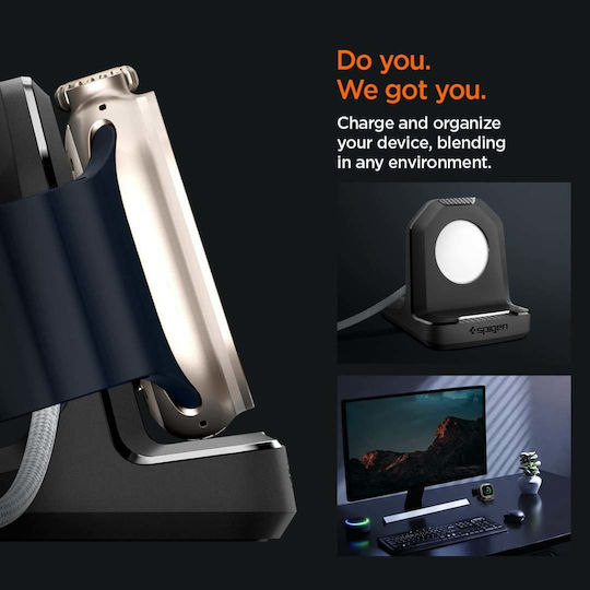 Spigen Rugged Armor Stand Ladegerät für Apple Watch Ultra2/Ultra 9/8/7/6/5/SE/4/3/2/1 Schwarzς