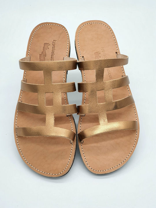 Kypraiosleather Leather Women's Flat Sandals in Gold Color