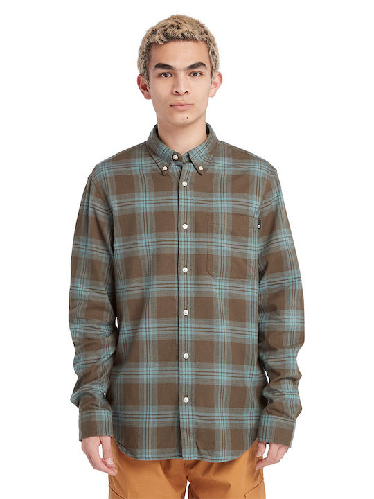 Timberland Men's Shirt Long Sleeve Cotton Checked Green