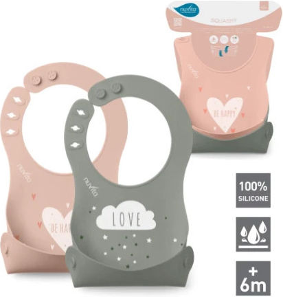 Nuvita Waterproof Silicone Baby Bib with Pocket English Rose/Sage Green 2 Pieces