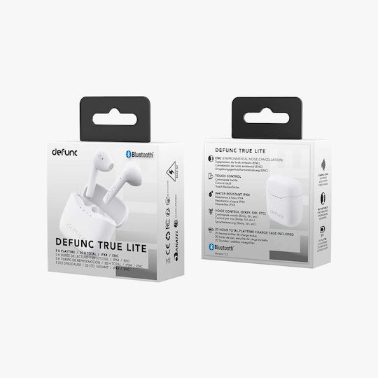 Defunc True Lite Earbud Bluetooth Handsfree Ακουστικά με Αντοχή στον Ιδρώτα και Θήκη Φόρτισης Λευκά