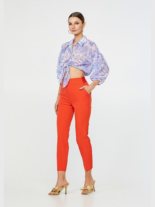 Lynne Women's High-waisted Fabric Trousers with Elastic in Slim Fit Coral