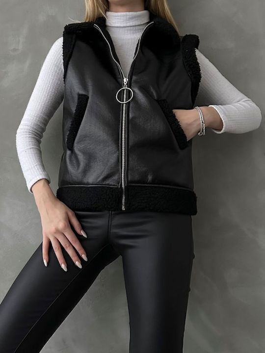 Women's Short Biker Artificial Leather Jacket for Winter Black