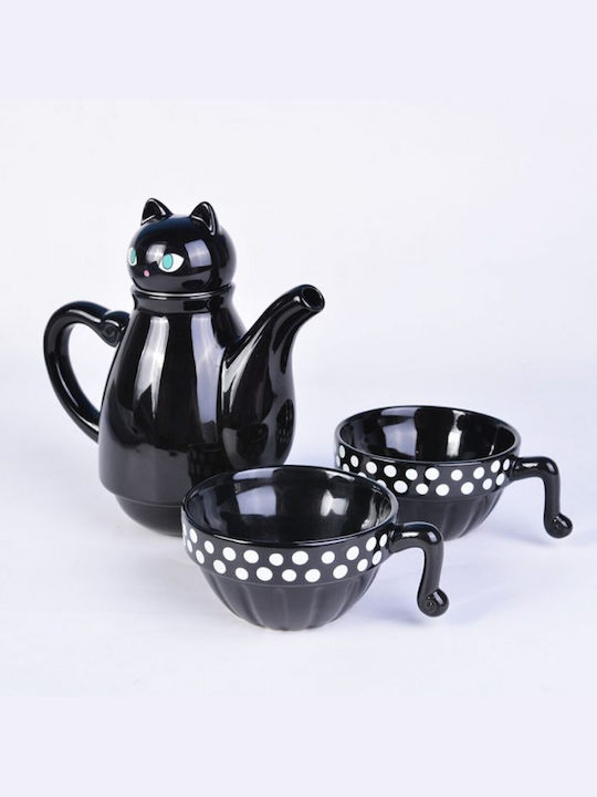 Cat Tea For Two Σετ Τσαγιού Κεραμικό με Κούπα σε Μαύρο Χρώμα 150ml 3τμχ