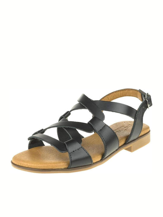 Leather Women's Flat Sandals in Black Color
