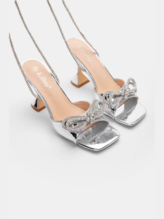 Luigi Synthetic Leather Women's Sandals with Strass & Laces Silver with High Heel