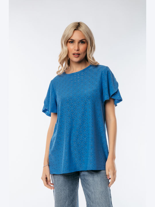 Dress Up Women's Summer Blouse Short Sleeve Blue Roulette