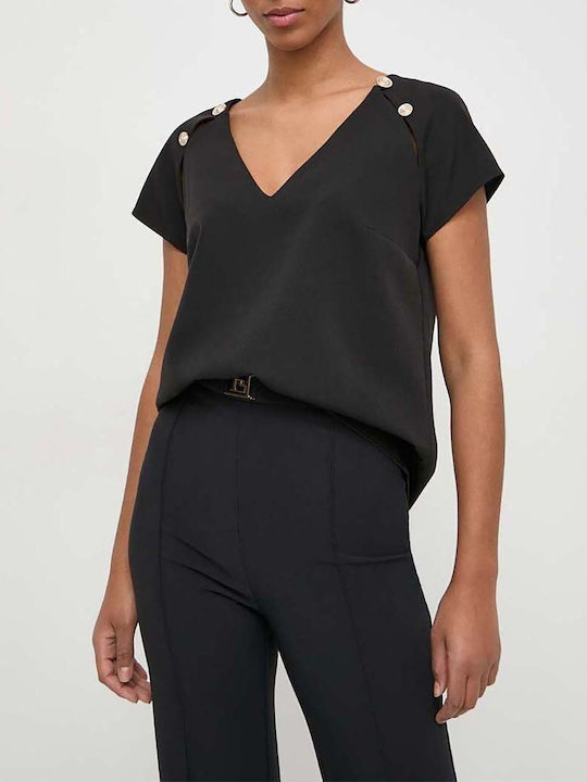 Guess Women's Summer Blouse Short Sleeve with V Neckline Black