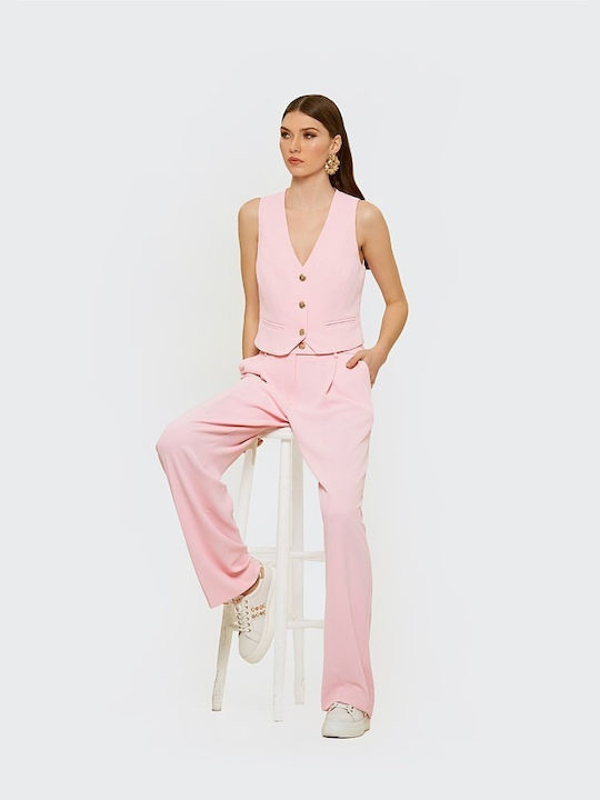 Lynne Women's Fabric Trousers with Elastic in Regular Fit Pink